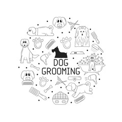 Dog grooming frame for pet shop or store. Line vector illustration. Template border for veterinary shelter.