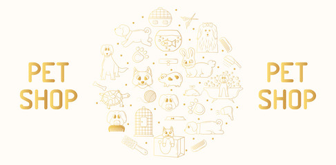 Golden pet shop frame. Line vector background for vet store. Gold template border for veterinary concept design.