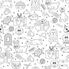 Pet shop seamless pattern. Line vector background for vet store or dog grooming. Template for veterinary clinic concept design.