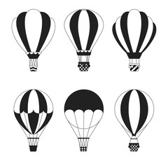 Set of hot air balloons silhouettes. Cute vector aerostat icons. Sky transport for travel and journey.