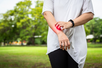 Closeup asian young woman itching her arm from insect bites,mosquito bite,itching of skin diseases,person scratching arm with hand,allergy,rash in park,ringworm,tinea problem,atopic dermatitis concept