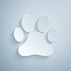 Paper cut Paw print icon isolated on grey background. Dog or cat paw print. Animal track. Paper art style. Vector Illustration © vector_v