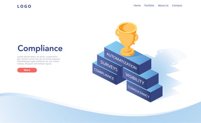 Isometric flat vector landing page template of regulatory compliance, steps that are needed to be complied relevant laws