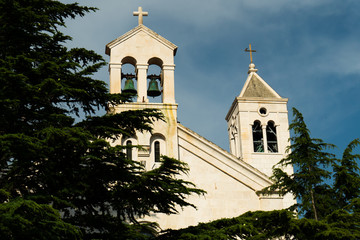 low angle of old christian church with bell towers surrounded by evergreen trees