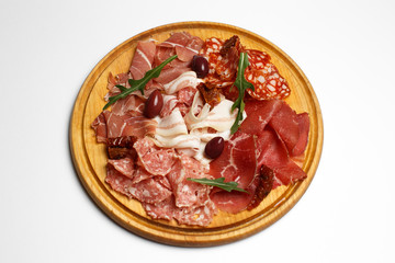 cold cuts for beer, salami, lard, greens, olives, arugula