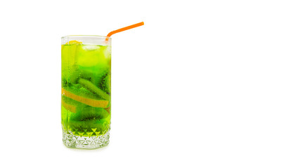 Cool and refreshing tropical green lemonade with a plastic straw on a white isolated background. Glass cup wine glass with summer kiwi lemon soda and ice. Empty copy space for text.