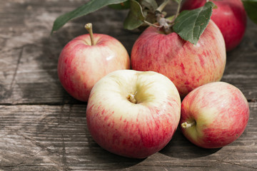 Red organic fresh apple fruits on rustic wooden table in the summer garden. close up Organic raw vegan healthy food. Summer color. Bio food. Banner background. Nature design.