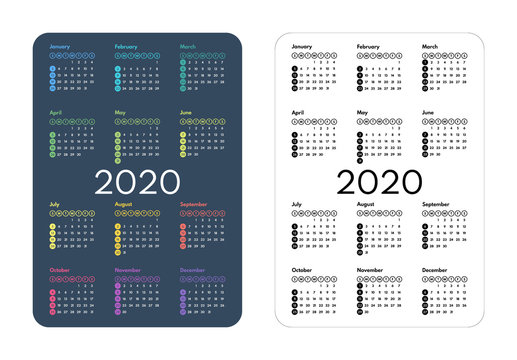 2020 Pocket Calendar, First Day Sunday, Vector Illustration