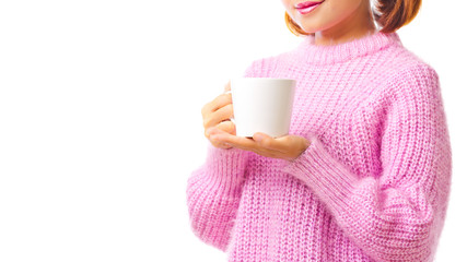 Women wear pink sweaters and hold a cup of white coffee on white background