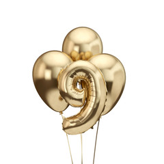 9th birthday gold foil bunch of balloons. Happy birthday. 3D Rendering