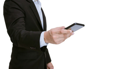 Businessman holding a smartphone on white background