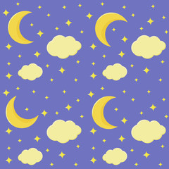 Moon stars and clouds seamless pattern on blue night sky background