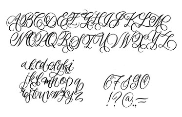 Hand drawn typeface on white background. Painted vector characters: lowercase and uppercase. Typography cursive alphabet for your designs: logo, typeface, card, poster