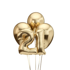 21st birthday gold foil bunch of balloons. Happy birthday. 3D Rendering
