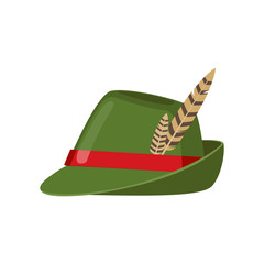 Green oktoberfest hat icon with feather in flat style.