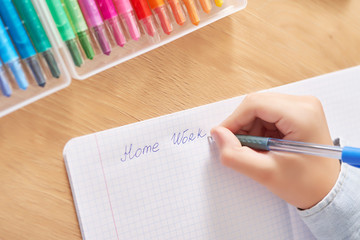 School supplies background. Back to school concept. Items for school. Office desk with copy space. Flat lay. Education and school concept. Stationery pencils, pens on table