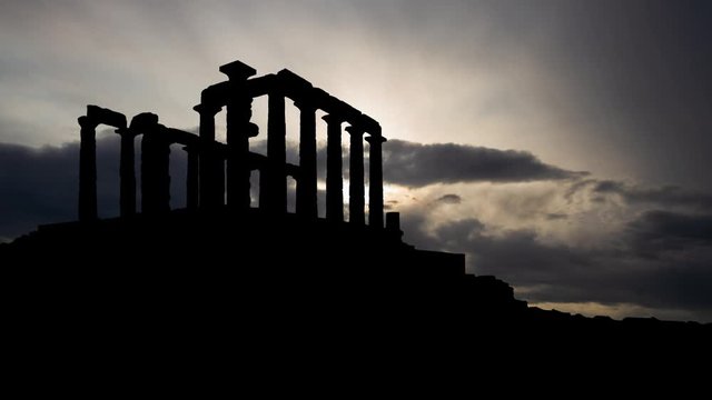 Ancient Greek Temple of Poseidon at Cape Sounion near Athens, Time Lapse at Sunrise, Greece, Europe