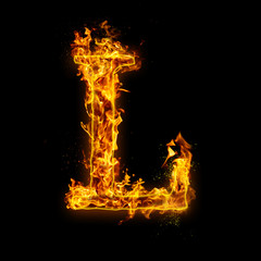 Letter L. Fire flames on black isolated background, realistick fire effect with sparks. Part of alphabet set