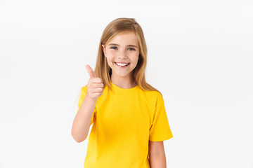 Portrait of happy blonde summer girl wearing casual t-shirt smiling and showing thumb up