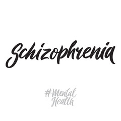 Mental health hand written lettering words: schizoprenia. Psychotherapy vector design on white background