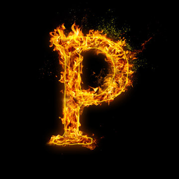 Letter P. Fire flames on black isolated background, realistick fire effect with sparks. Part of alphabet set