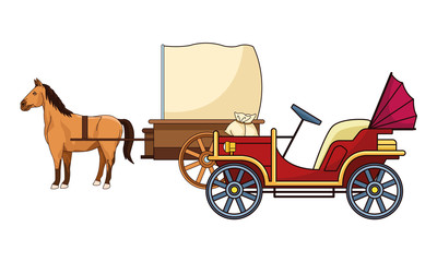 Classic cars and horse carriages vehicles