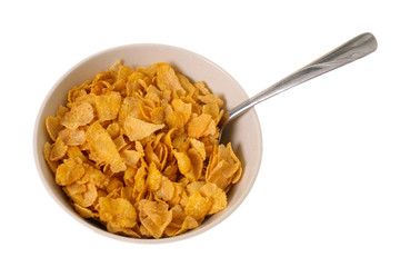 Breakfast of Dry Cereal in Bowl, Isolated on White