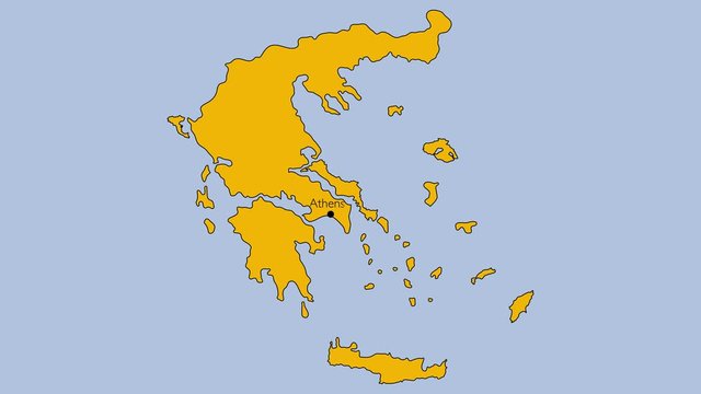  A geographical map of Greece is drawn with the islands of Crete, Corfu, Rhodes, Kos.