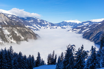The river of white fog in mountains.Alpine Alps mountain landscape at Tirol, Top of Europe