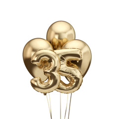 35th birthday gold foil bunch of balloons. Happy birthday. 3D Rendering