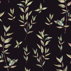 Watercolor Myrtle. Vintage Watercolor Seamless Pattern with Green Leaves, Twigs, Berries, Branches of Myrtle
