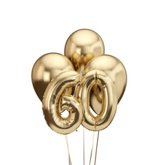 60th birthday gold foil bunch of balloons. Happy birthday. 3D Rendering