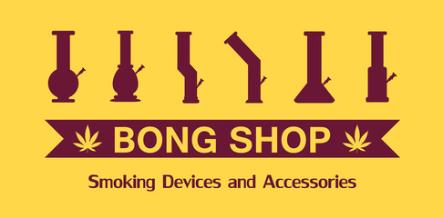 Vector icon logo Bong set. 6 isolated bongs. All in flat syle, lovely bright and stylish.Cannabis shop banner.Bong poster