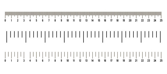 Set of ruler size indicators with different unit distances, inches and centimeters.