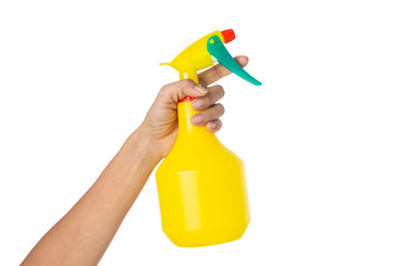 Woman hand holding a bottle sprayer water isolated on a white background