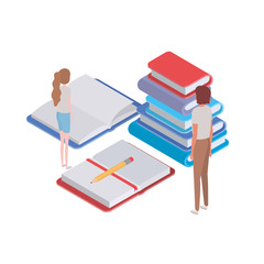 couple of people with stack of books on white background