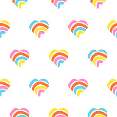 Rainbow striped heart seamless pattern. Rough lines rainbow repeating background vector texture.