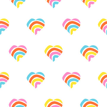 Rainbow striped heart seamless pattern. Rough lines rainbow repeating background vector texture.