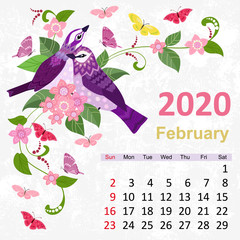 template with couple of pretty birds. Calendar for 2020, februar