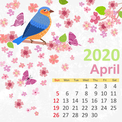 template with pretty bird. Calendar for 2020, april