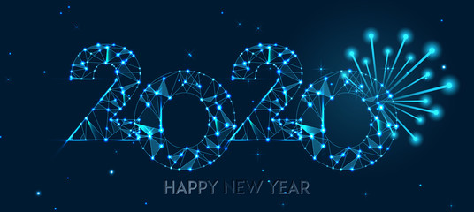 Happy new year 2020 banner design. Geometric polygonal 2020 new year greeting card. Vector firecracker background. Low polygon