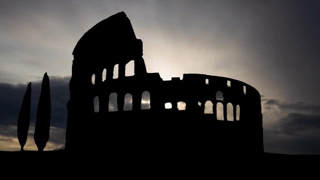 The Colosseum, Time Lapse at Sunrise, Ancient Arena of Gladiator, Famous Landmark and  Symbol of Rome, Capital of Italy, Europe