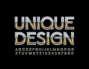 Vector Unique Design Metal Font. Gold and Silver Alphabet Letters and Numbers