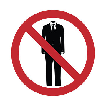 Vector silhouette no entry with suit mark on white background. Symbol of clothes,stop,prohibition,businessman,warning.