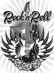 Fototapeta premium Vector monochrome illustration with guitar, tape and text