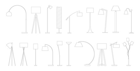 Variety of lamps for home and office. Collection of lamp icons, thin line style, vector stock illustration.