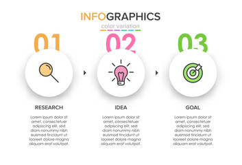 Concept of arrow business model with 3 successive steps. Three colorful rectangular elements. Timeline design for brochure, presentation. Infographic design layout.