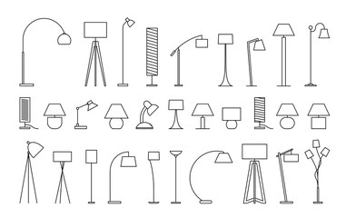 Variety of lamps for home and office. Collection of lamp icons, thin line style, vector stock illustration.