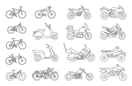 Collection of Motorcycles and bicycles icons. Moto vehicles symbols vector stock illustration.