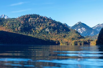 Autumn forest by the lake and snow on top of the Alps in the morning sun